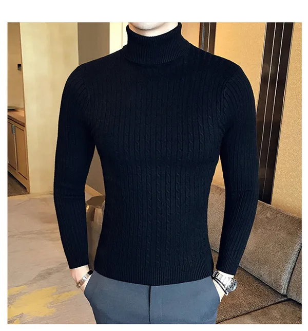 Fashion-Autumn and Winter Mens Turtle Neck Sweaters Fashion Designer Slim Fit Long Sleeved Tops Solid Color Sweaters