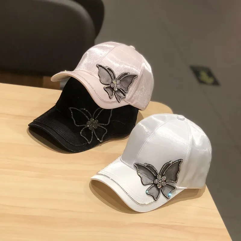 01904-jiejia-Butterfly Silk luster Rhinestone leisure lady beseball visors cap women beach holiday hat Y200714