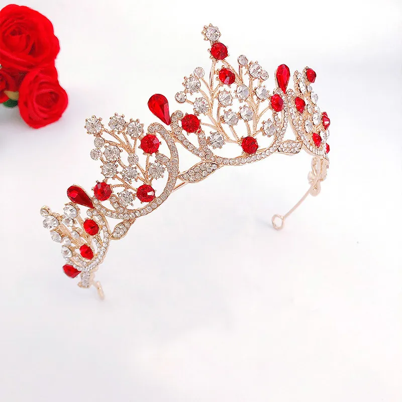 Forseven 1 stks Rode Kleur Handgemaakte Rhinestone Big Crown Girls Dames Tiara Party Hoofdband Bruid Bruiloft Haaraccessoires LB J0121