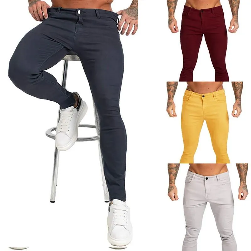 Männer Stretch Skinny Solid Jeans 4 Farbe Casual Slim Fit Denim Hosen Männlich Gelb Rot Grau Pants204p