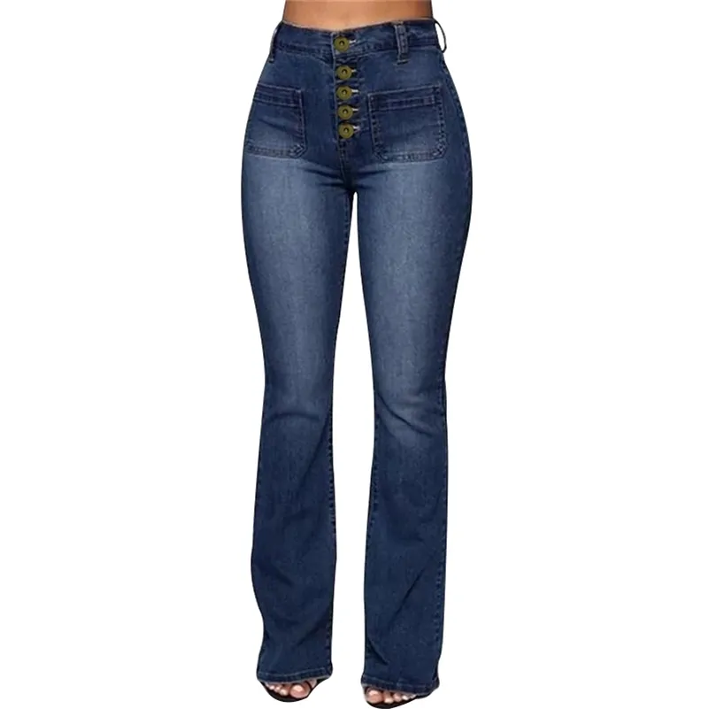 Washed High Waist Button Boot-cut Jeans Women Casual Long Pants Trousers -MX8 210203