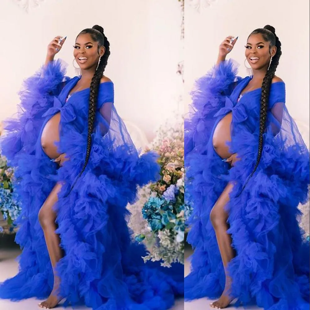 2021 Moederschap Jurk voor Photoshoot Babyshower Maternity Prom Jurken Designer Shooting Dress Royal Blue Ruches Lange Mouwen Avondjurk