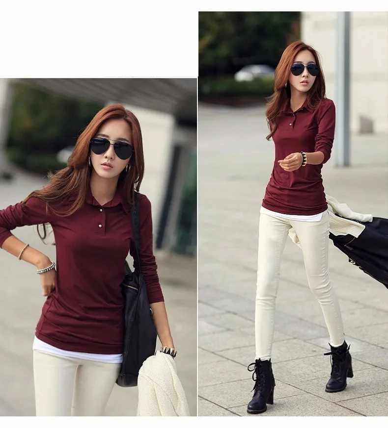 Spring Autumn Casual Polo Women 2016 New Long Sleeve Slim Polos Mujer Black White Red Tops Plus Size Lady Polo Shirt Femme A558 c