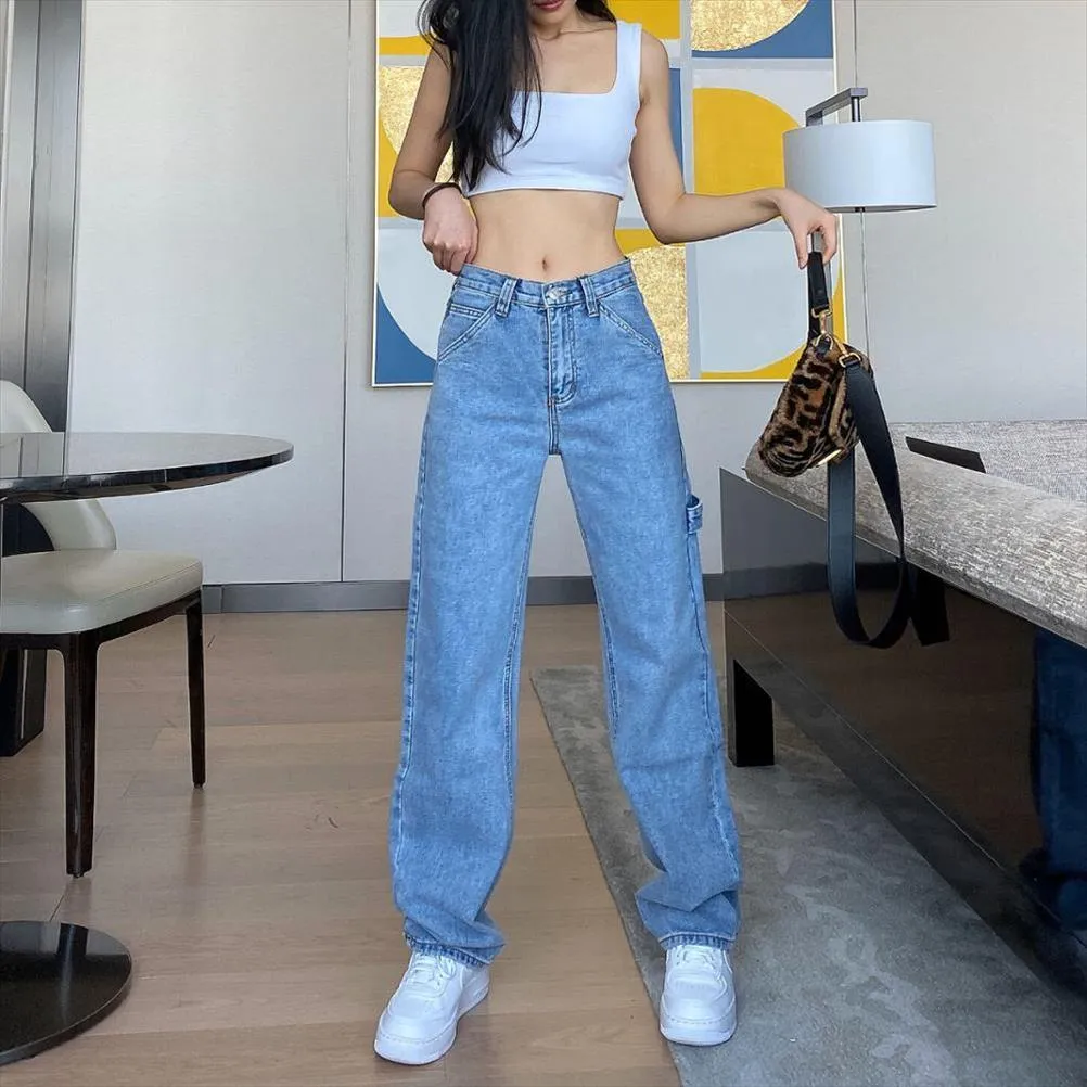 2020 Women Jeans Baggy Smoky Gray Blue Elegant Wide Leg Cargo Pants Girl  Straight Casual Loose High Waist Denim For Femme Mujer From Mammon29,  $52.42
