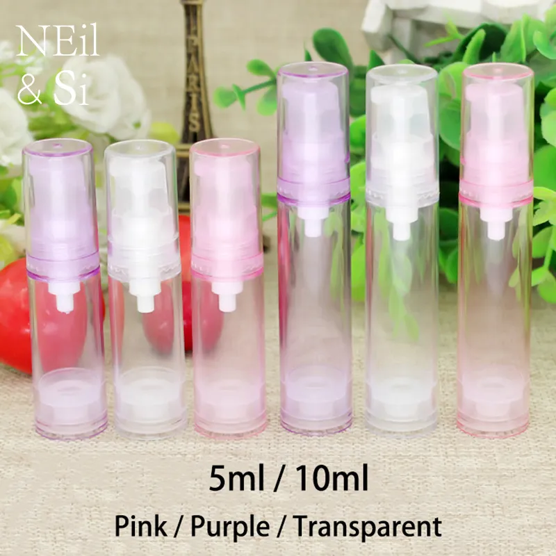 퍼플 / 핑크 / 투명 5ml의 10ml를 플라스틱 화장품 에어리스 펌프 병 화이트 아이 크림 에센스 로션을 눌러 병 무료 배송
