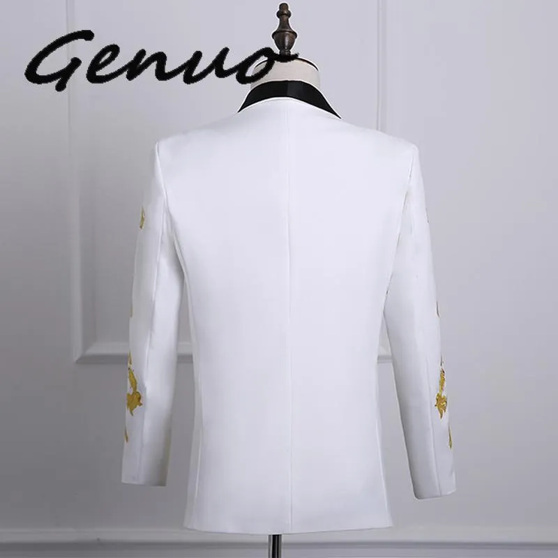 Men's Suits & Blazers Gold Embroidery Dress Suit Men Slim Fit Shawl Lapel Mens White With Pants Stage Prom Wedding Grooms Sin267t
