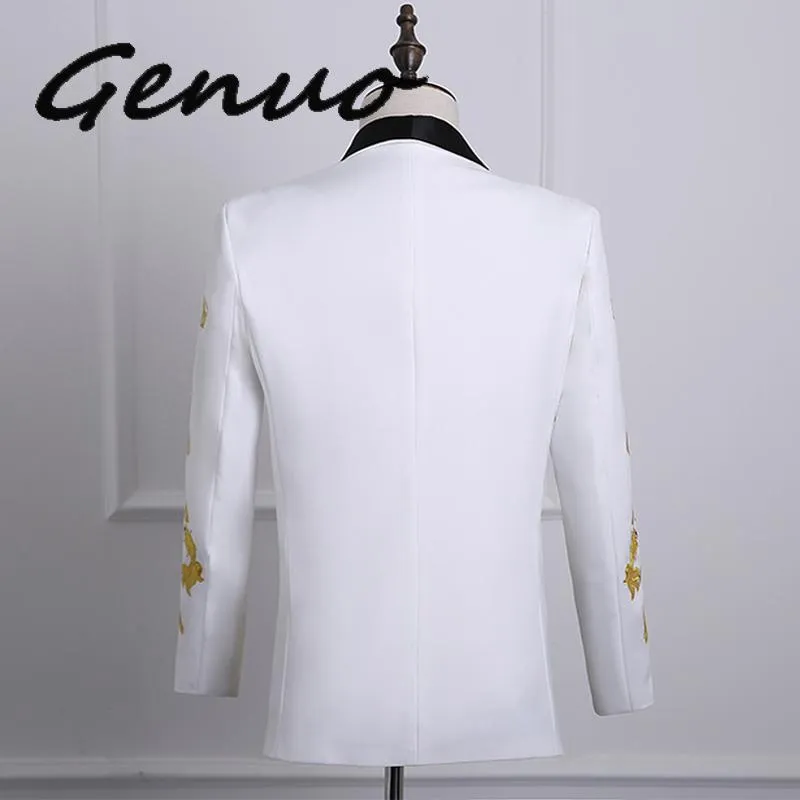 Ternos masculinos blazers dourado bordado vestido terno masculino slim fit xale lapela masculino branco com calças palco formatura casamento noivos pecado331s