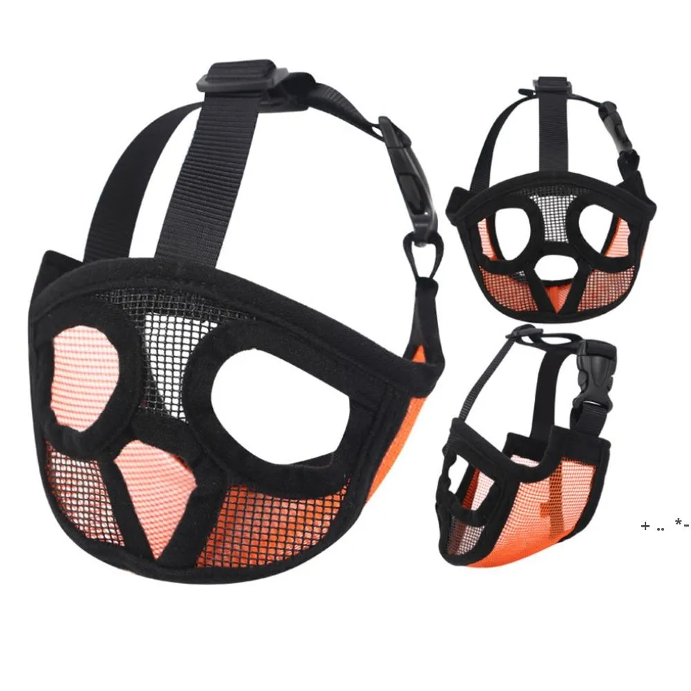 Kort Snout Pet Dog Muzzles Bekväm Justerbar Mesh Fransk Bulldog Pug Mouth Muszz Mask Dog Training Bark Control Device RRA12085