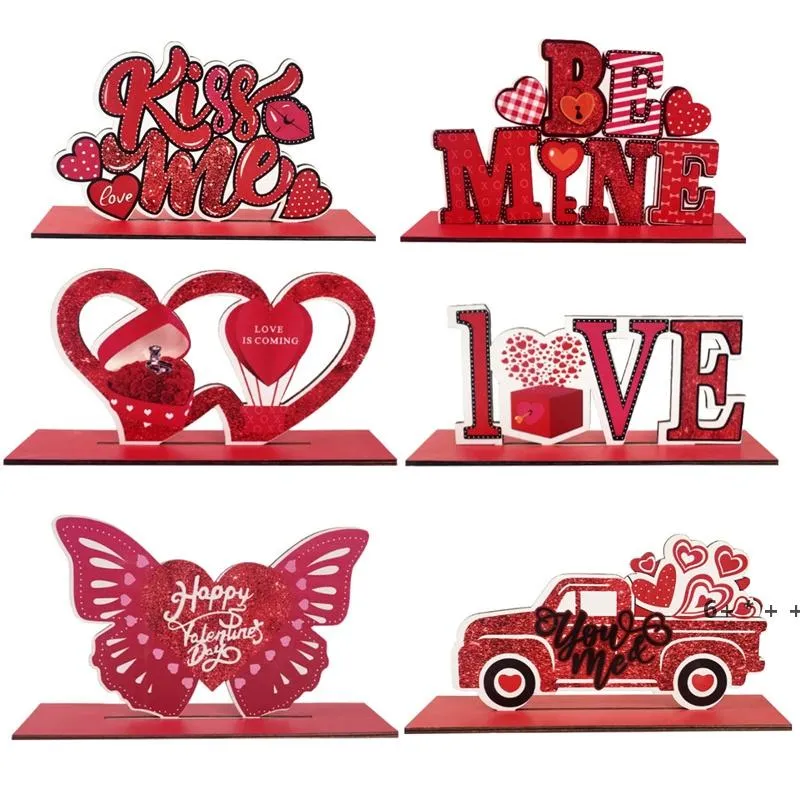 Fiesta del día de San Valentín Mesa de madera Centro de mesa Signos Amor En forma de corazón Adornos de mesa para decoración de aniversario de boda RRA11389