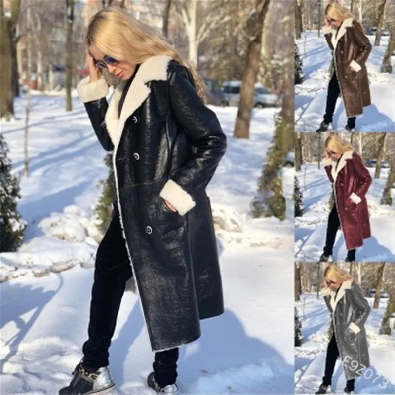 Dames en cuir manteau veste mode tendance polaire à manches longues revers longue section vêtements d'extérieur designer femme hiver décontracté double boutonnage manteau