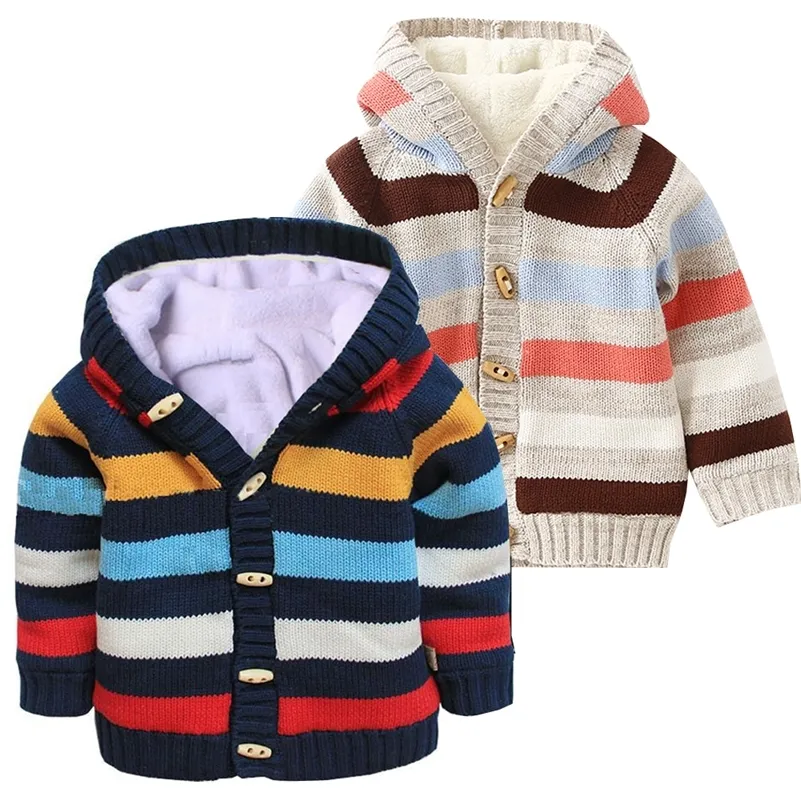 Kinder Strickjacke Pullover Kleinkind Junge Kinder Regenbogen Pullover gestreift Baumwolle Mädchen Winter Strickjacke Fleece gefüttert Warm Strick Top Kleidung LJ201128