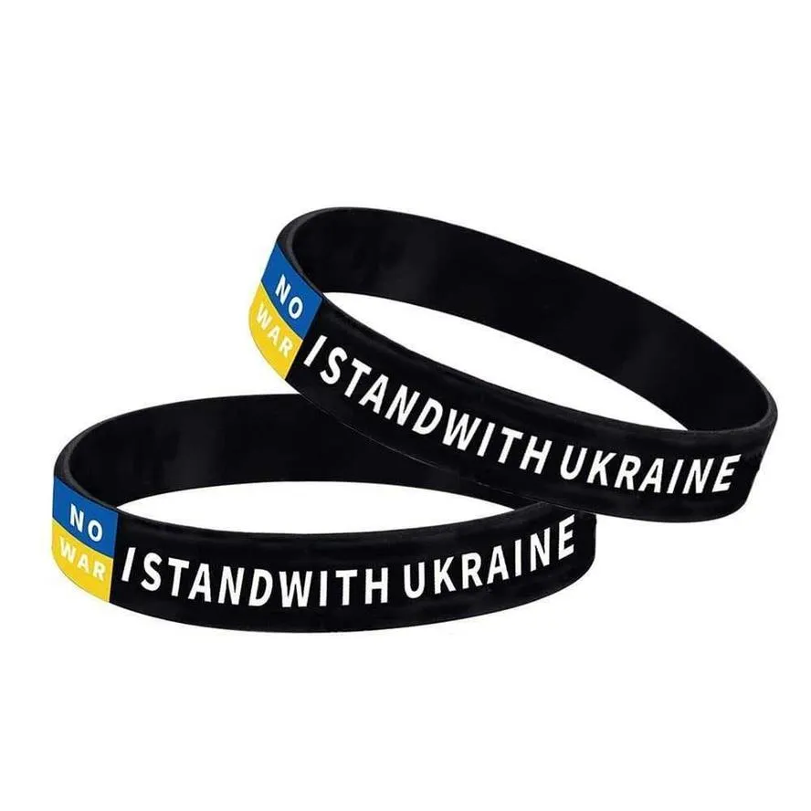 Jag står med Ukraina Armbands Gummi Bangle Silikon Elastiska Sport Armband Ukrainska Blå Gula Flagg Tillbehör Party Bangles Dekoration 0311