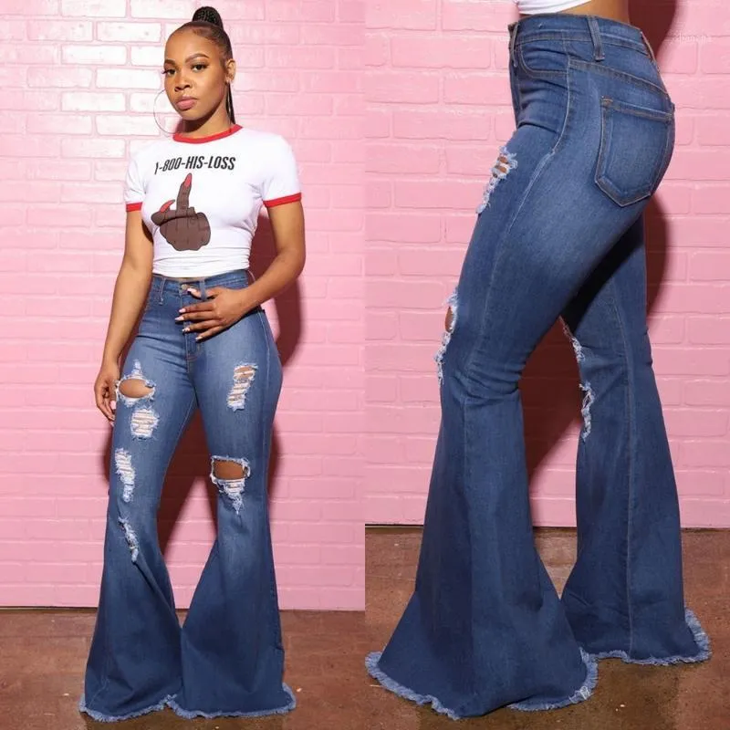 Kadın Kot Pantolon Yırtık Pantolon Seksi Kadınlar Casual Denim Flare Pantolon Bodycon Çan Alt Pantolon1