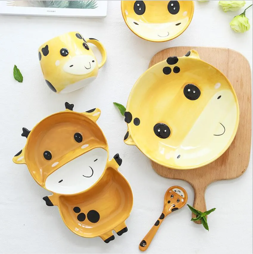 Наборы посуды керамической чаши Прекрасные детские посуды рисовые чаши керамики набор ложка мультфильм пластины десертные плиты жираф