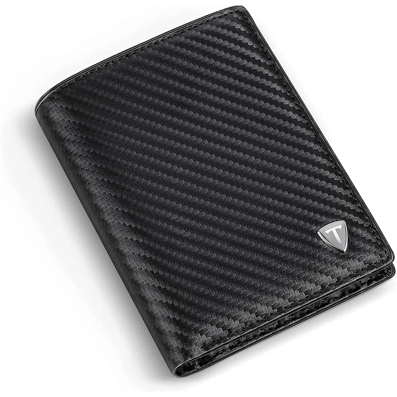 TEEHON Carbon Fiber Leather Wallet Men Thin Light Purse Coin Pocket Card Holder RFID Fashion Black 220312