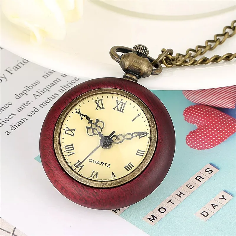 Old Wood Pocket Watch Necklace for Men Women Quartz Movement Fob Chain Pendant Clock Reloj Male Female Necklaces Watches Red Wooden Pendants