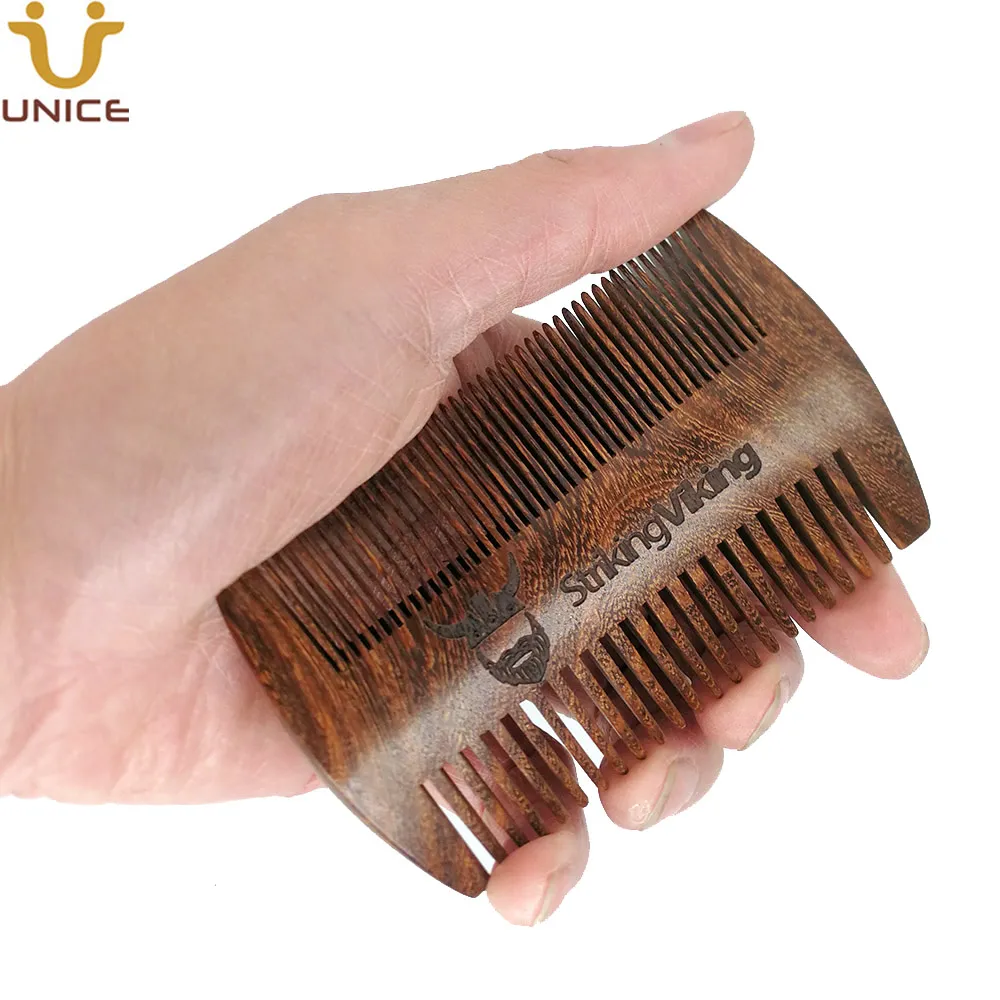 MOQ 100 Pcs OEM Customized LOGO Wood Hair Beard Combs Dual Action Black Gold Sandalwood Double Sided Fine & Coarse Teeth for Men