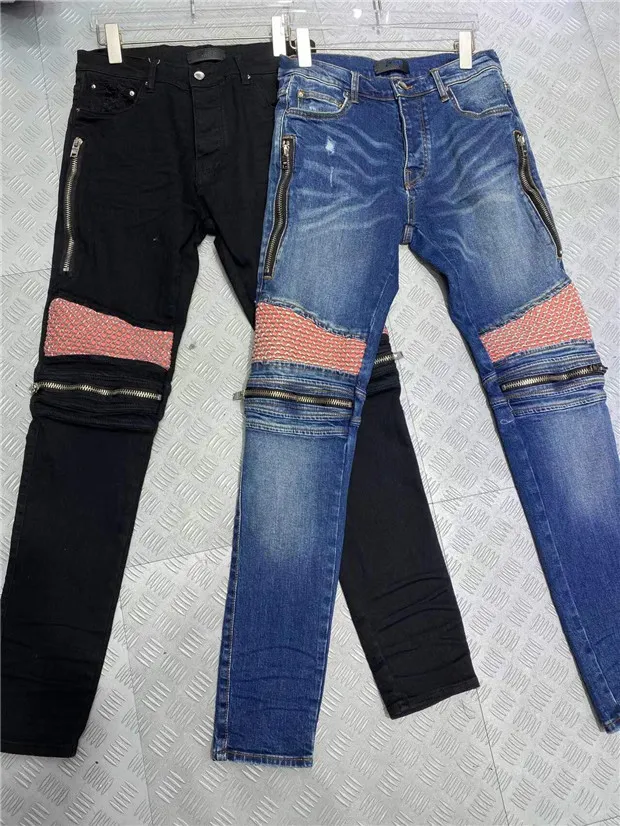 Automne Hommes Jeans 22SS Designer Ripped Yellow Stripe Vintage Zipper Style Mode Hommes Denim Pnats Slim Moto Biker Causal Men264h