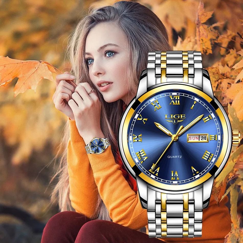 LIGE Fashion Women Watches Ladies Top Brand luxury Waterproof Gold Quartz Watch Women Stainless Steel Date Wear Gift Clock+Box 201116