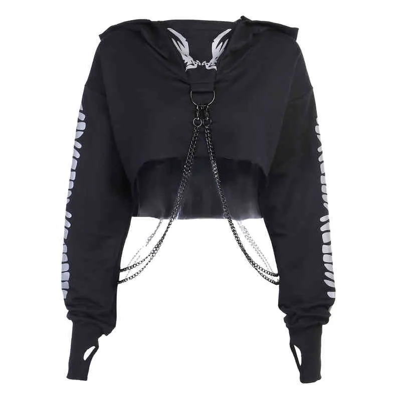 Sweat-shirt à capuche imprimé réfléchissant gothique pour femmes, haut court, pull-over avec chaîne de joint torique détachable, 220210