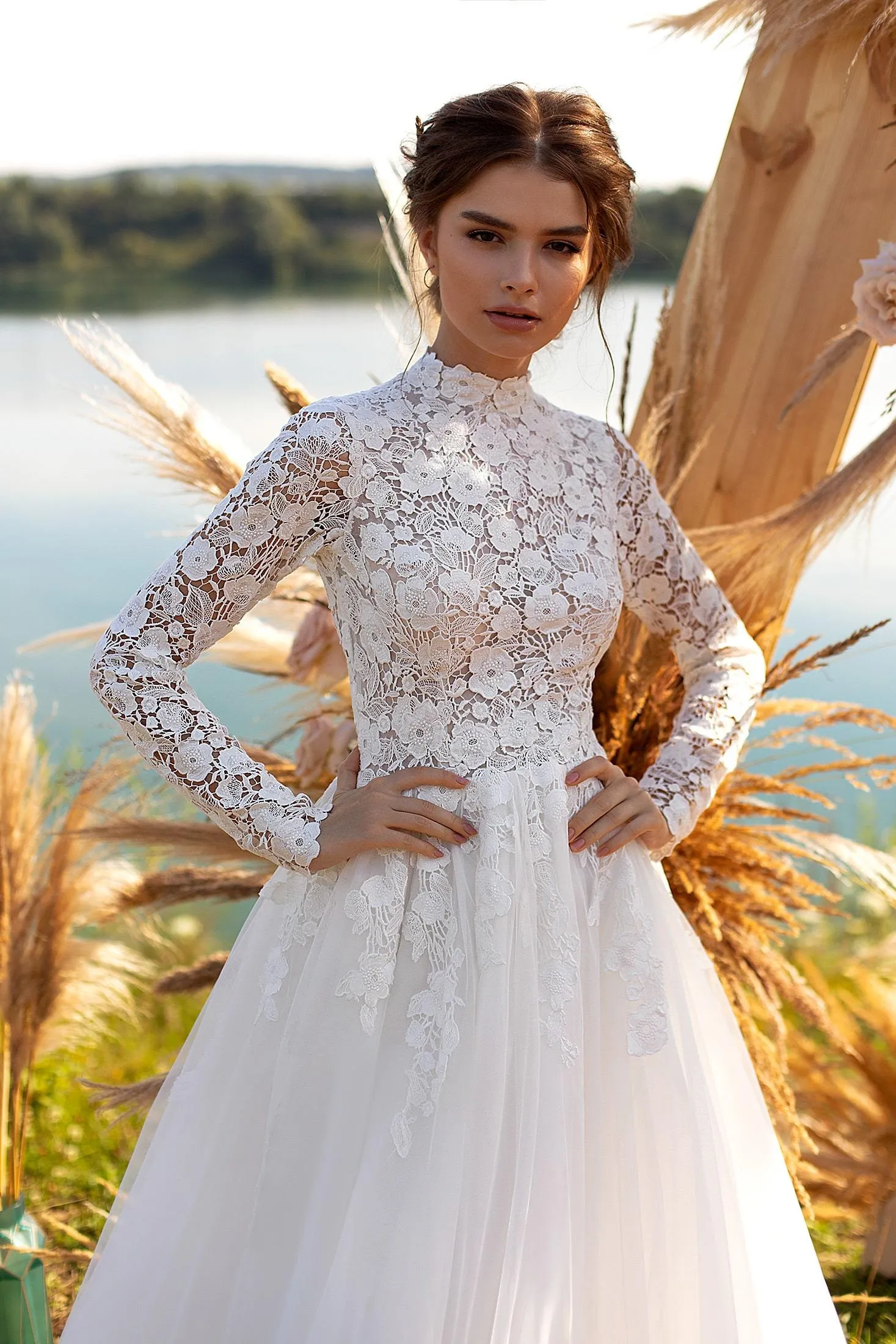 halter a-line dress High Neck Long Sleeves Beaded Emboridery Satin A-Line Wedding Dress – Liymc main image 0