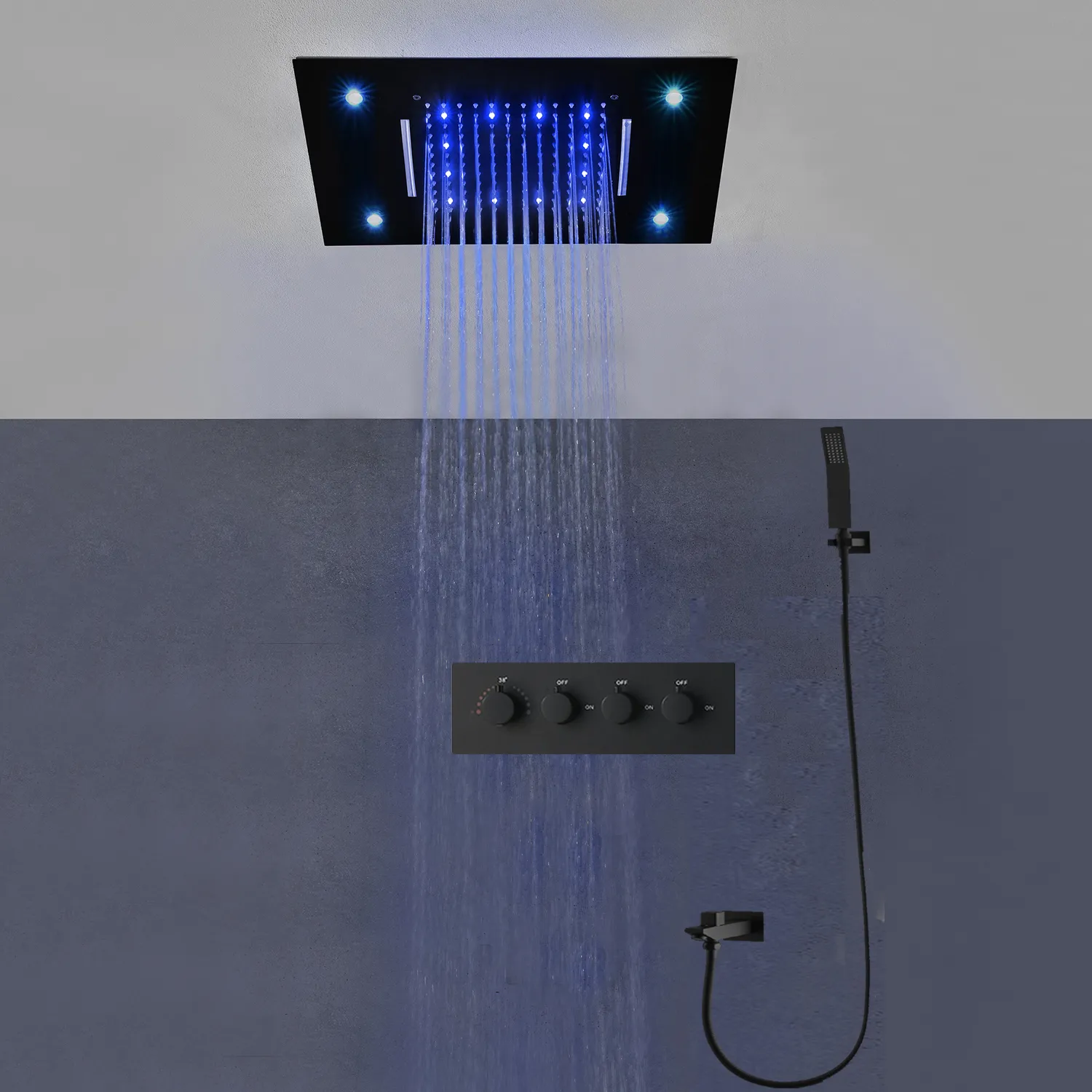 Banheiro conjunto de chuveiro preto colorido LED de chuva cachoeira multi função painel de chuveiro escondido torneiras misturador termostático escondido