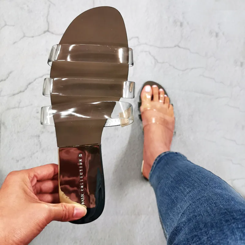 Sandálias Flat Sandals Sapatos Aberto Toe Slides Transparente PVC Moda Sapatos de Verão Senhoras Chinelos Fora da Praia Sandália Feminina 1020