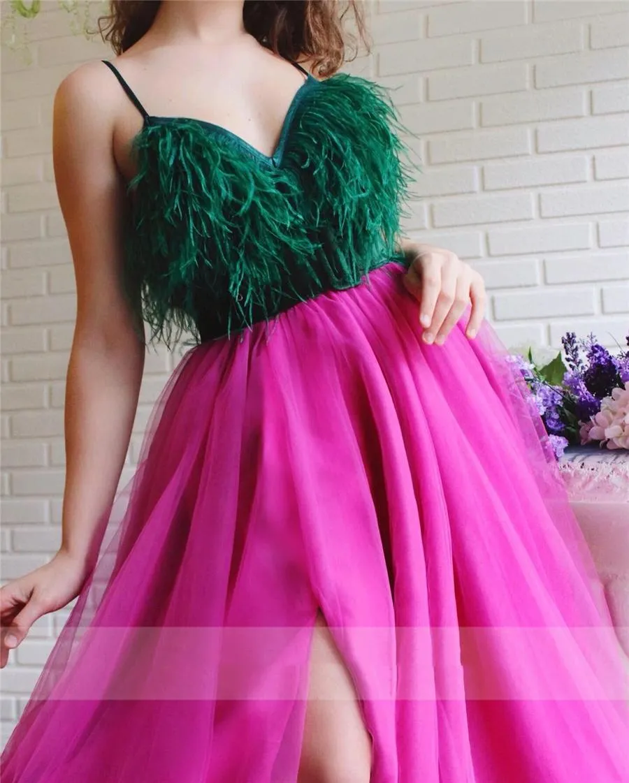 Spaghetti Strap Feather Prom Dress with Side Split Dark Green and Fuchsia Long Cocktail Evening Gown for Women Girls from Dhgate Prom Dresses - price 131.16 Spaghetti Strap Feather Prom Dress with Side Split Dark Green and Fuchsia Long Cocktail Evening Gown for Women Girls from Dhgate Prom Dresses - price 131.16