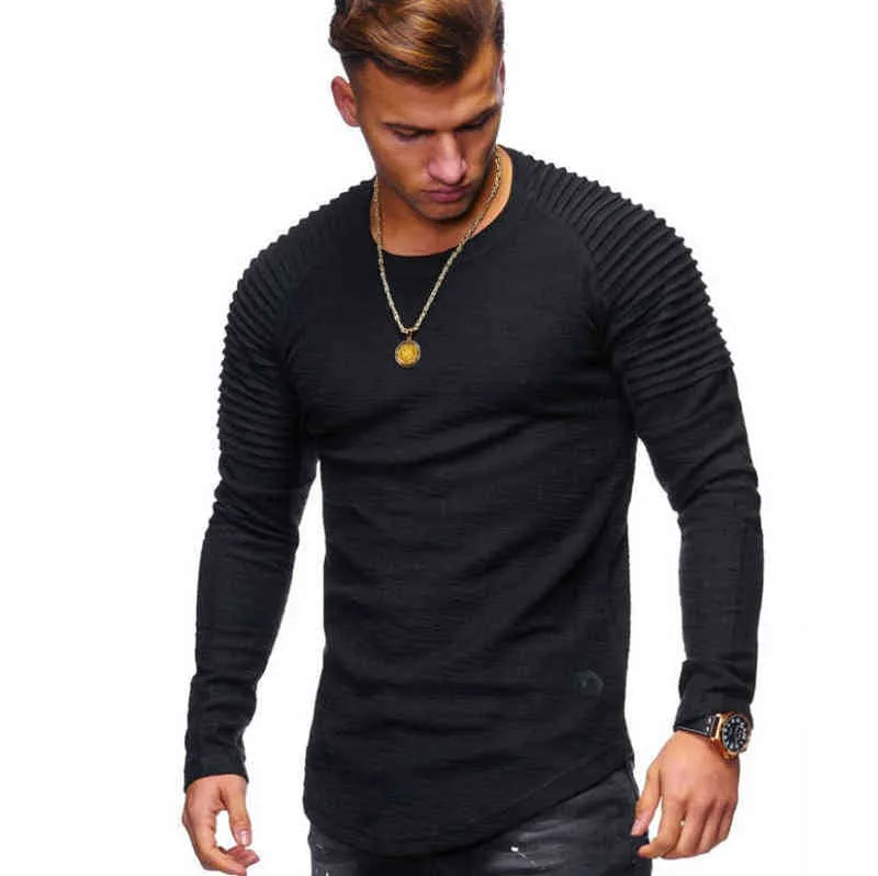 2021 Solid Color Sleeve Pläterad Patch Detail Långärmad T-shirt Män Spring Casual Toppar Pullovers Fashion Slim Basic Tops G1222