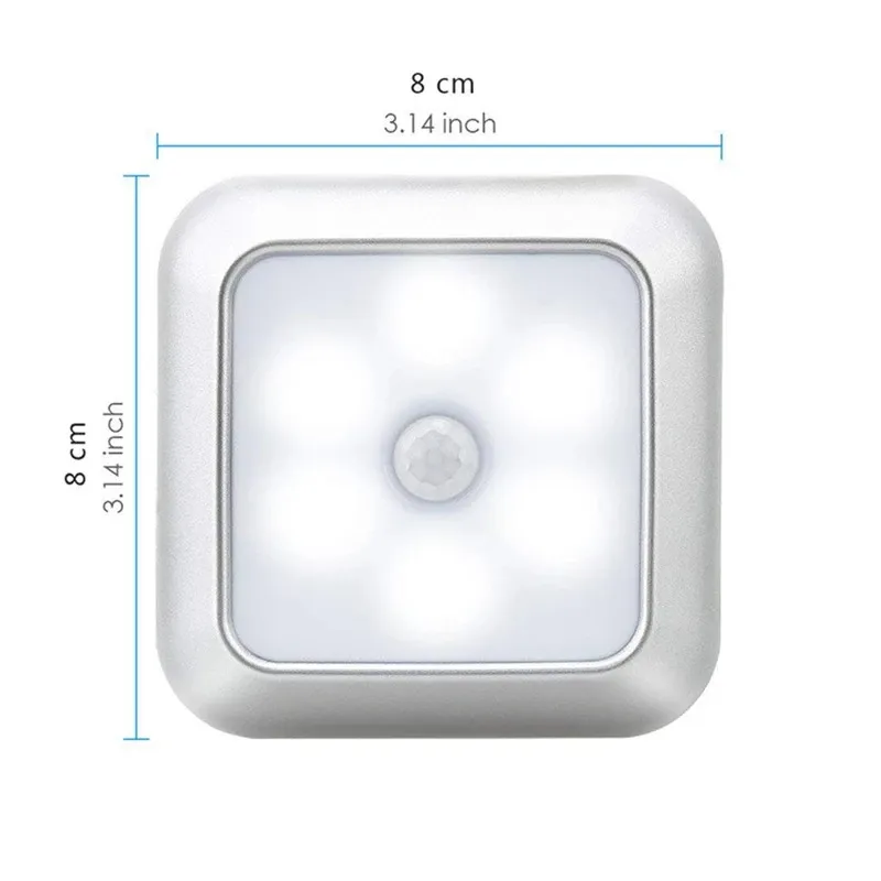 Battery Powered 6 LED Square Motion Sensor Night Lights PIR Induction Under Cabinet Light Closet Lamp for Stairs Kitchen