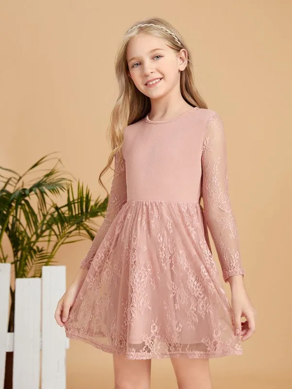 Girls Lace Panel Keyhole Back Dress SHE