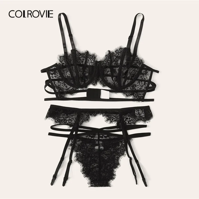 Floral Lace Sheer Garter Lingerie Set Women Black Lace Bra and