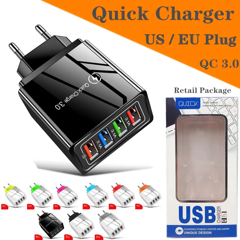 4 ports Charge rapide rapide QC 3.0A adaptateur secteur mur Mobile chargeur rapide prise ue US pour samsung note8 chargeurs de téléphone sarmt universels