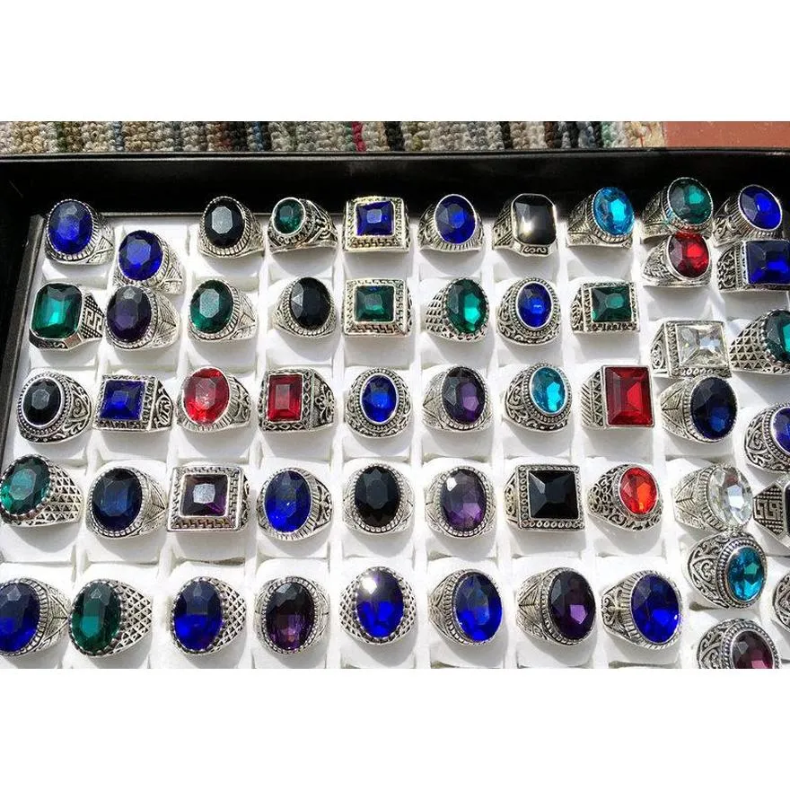 wholesale 50pcs mix lot antique silver rings mens womens vintage gemstone jewelry party ring weeding ring shipping random style