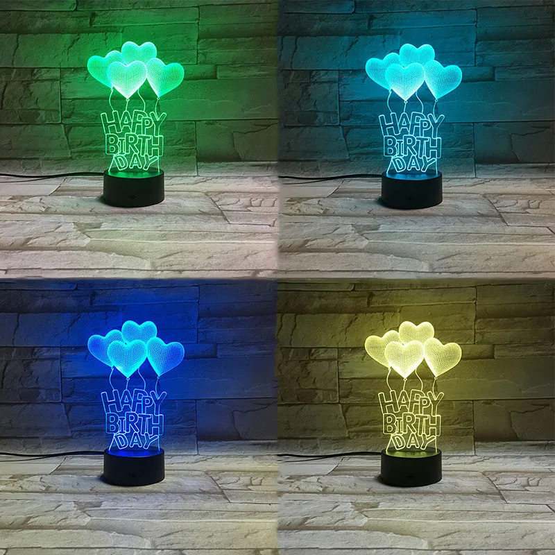 Nouveauté Articles 3D LED Joyeux Anniversaire Veilleuse 7 Couleur Changeable USB Port Acrylique Lumières Bureau Lampe De Table Cadeau Créatif Chambre Décoration Éclairage ZL0268