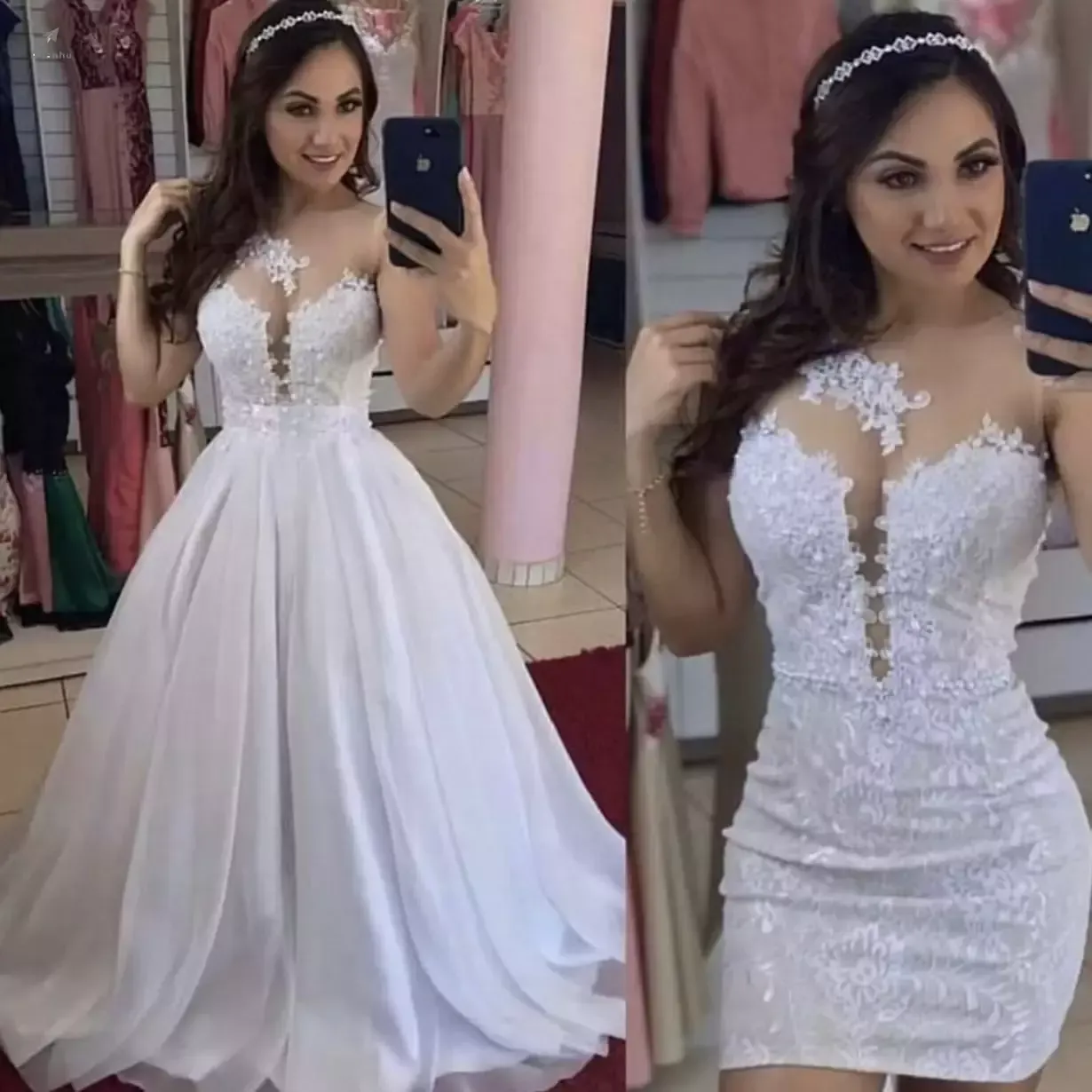 Novo 2022 2022 vestidos de noiva curtos com trem destacável chiffon laço applique sem mangas frisado feitos sob encomenda feita pérolas vestido nupcial vestido