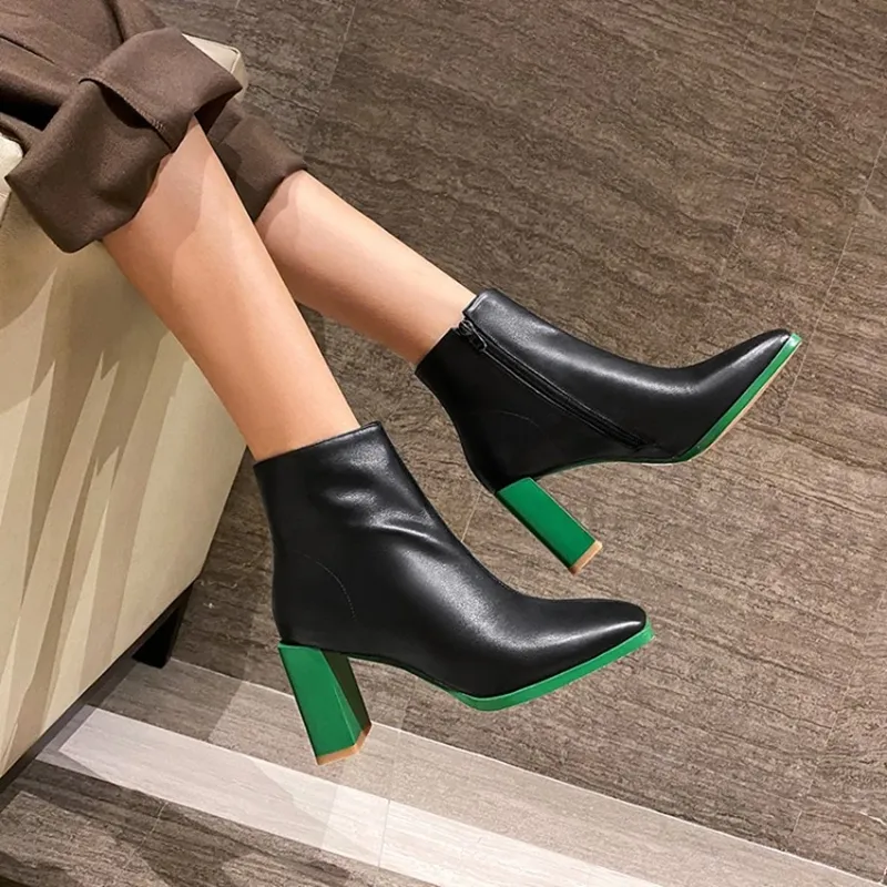 Hot Sale 2020 Winter Simple Square Toe High Thick Heel Women's Short Solid Color Leather White Boots