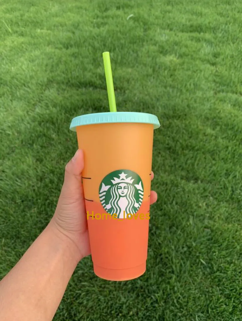 24 OZ Renk Değişimi Tumblers Plastik Dudak Ve Saman Ile Suyu Bardak Içme Sihirli Kahve Kupa Kostam Starbucks Renk Değiştirme Plastik Kupası