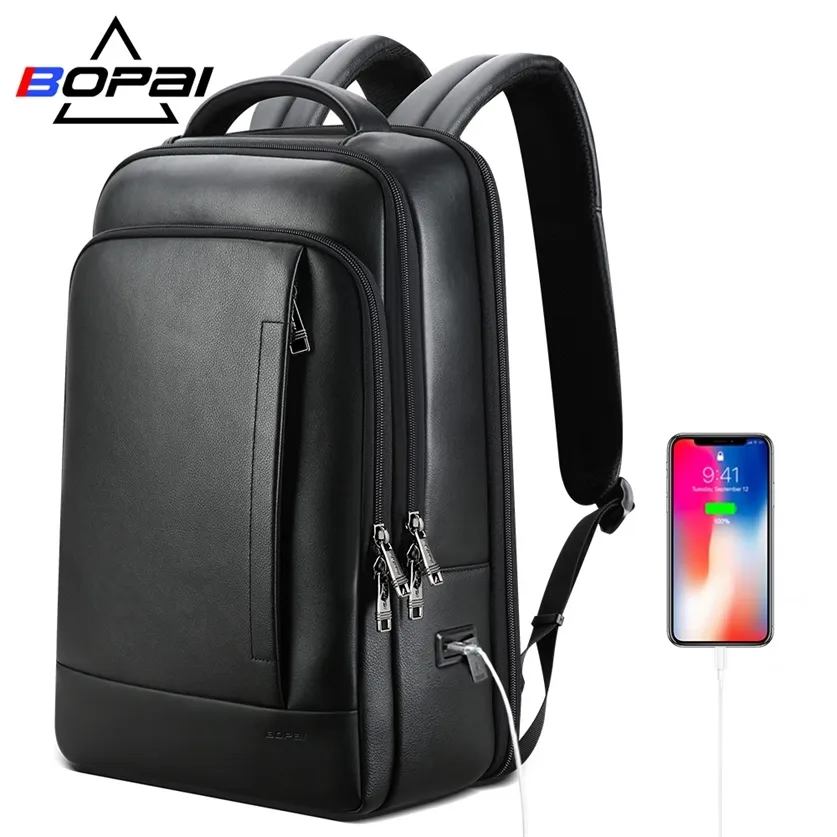 Bopai Äkta Läder Ryggsäck Laptop Mens Business Casual Vattentät Back Pack Man Dator Bagpack Svart Backpacking 220210