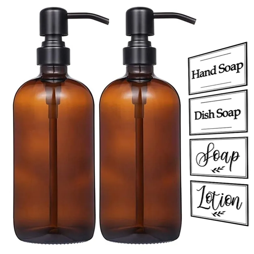 Tjock Amber Soap Dispenser Glasburk med etiketter Matte Black Stainless Steel Pump Essential Oil Lotion Bottle 250 / 500ml 211222