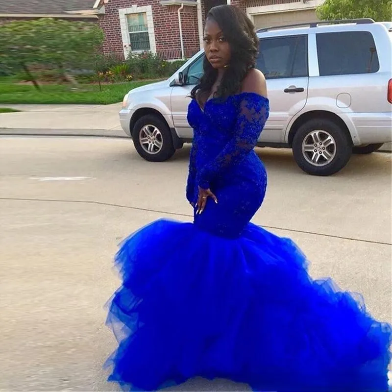 2019 African Royal Blue Long Sleeve Prom Dresses Black girl Elegance Lace Tutu Evening Dresses Plus Size Lady formal Event Gowns