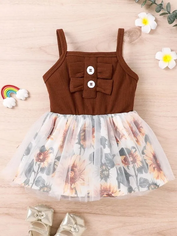 Baby Floral Print Mesh Overlay Fake Button Cami Dress Hon