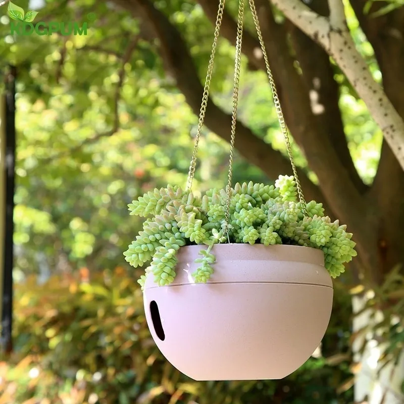 プラスチック製の独創性吊りバスケットポット自己散水植木鉢庭園植物プランターフラワーポットマッチチェーンバルコニー装飾Y200709
