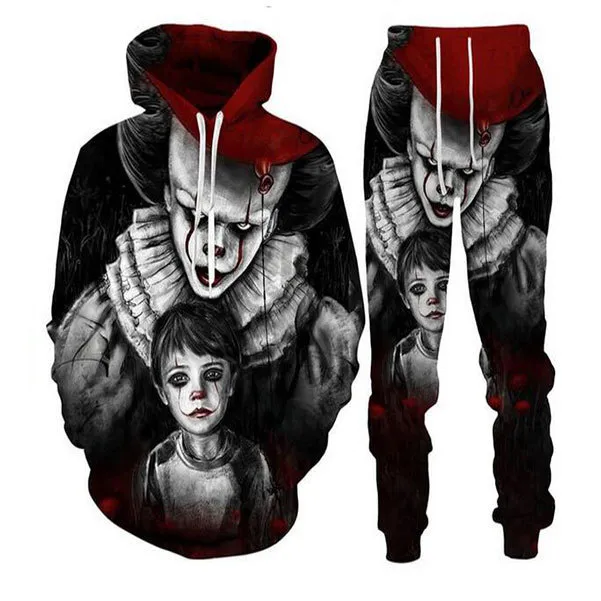 Wholesale--New Fashion Men/Womens Horror Movie Clown Sweatshirt Joggers Funny 3D Print Unisex Hoodies+Pants TR03