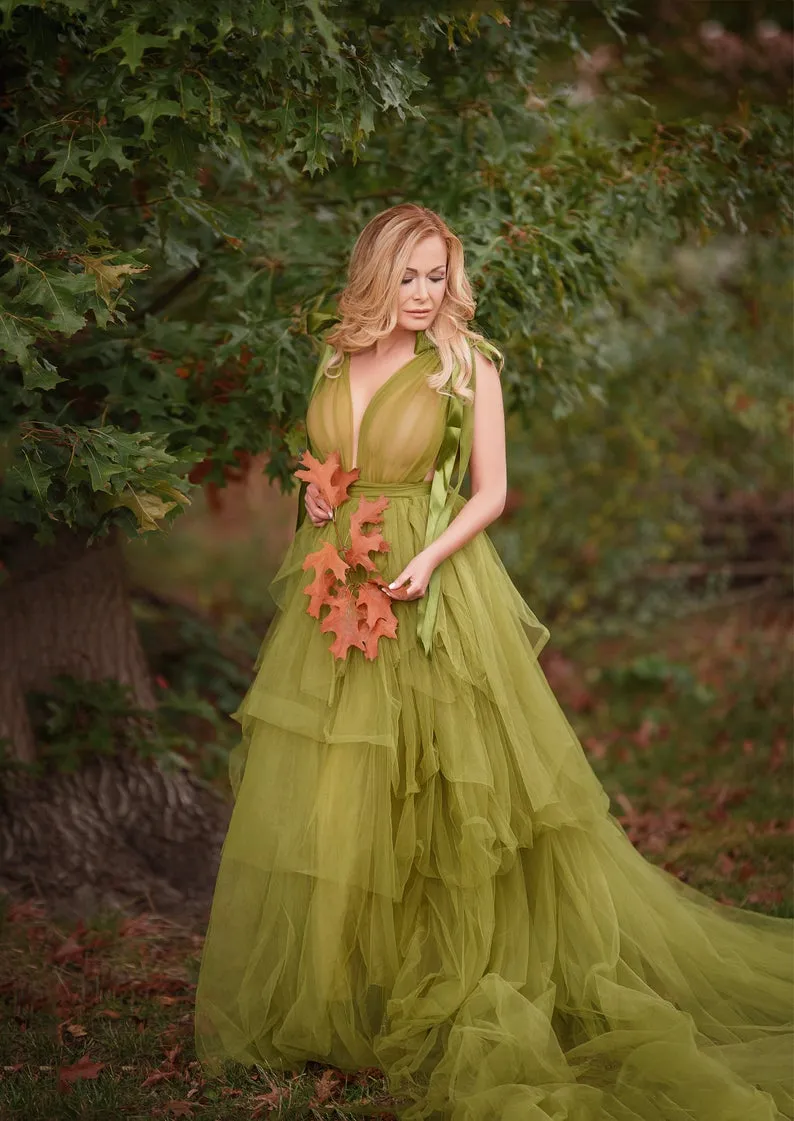 Tan/Burgundy Organza Flowers Maternity Dress for Photo Shoot Baby