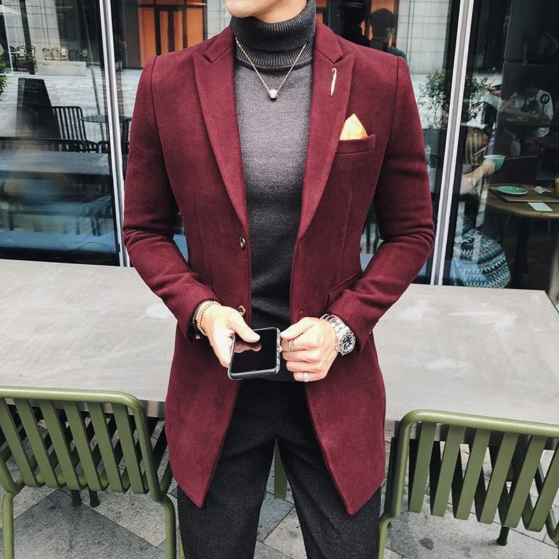 Mäns ullblandningar Mens Mode Boutique Section Solid Färg Business Casual Trousers Woolen Coat Male Vintage Slim Blazer Jacket