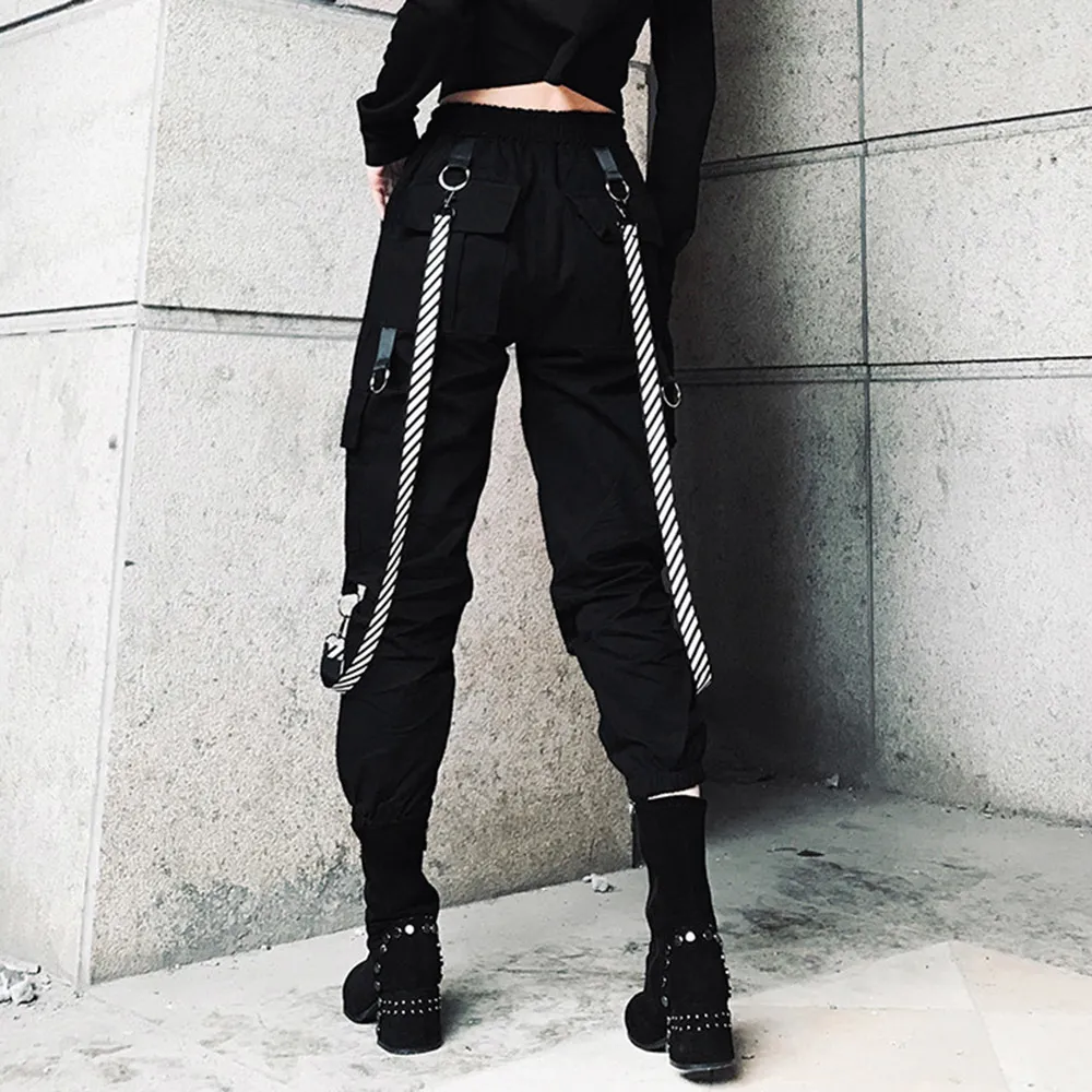Rosetic bf styl cargo spodnie kobiety fajne streetwear pasiasty wstążki gotyckie luźne spodnie dresowe hip hop jogger ciemny czarny goth 2020 lj201029