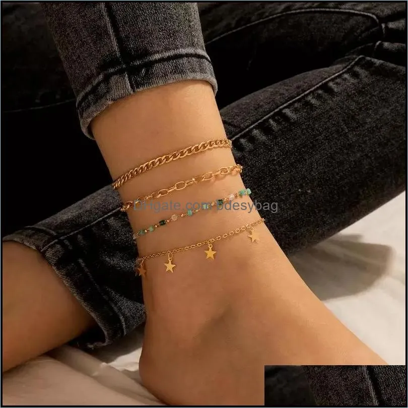 Anklets smycken tocona 4pcs/set bohemian handgjord pärla för kvinnor charms guldstjärna tofs fotkedja justerbar droppleverans 2021 4buxcc