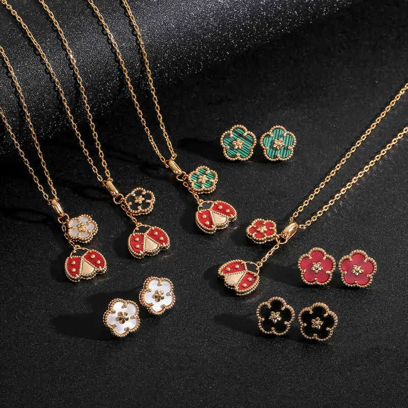 2021 Romatic Vrouwen Mode Ketting Oorbellen Shell Lucky Lente Bloem Ladybug Design Luxe Bruiloft Sieraden Set