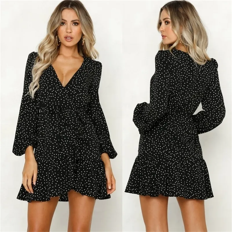 Kobiety V Neck Sexy Polka Dot Black Mini Dress Vintage Jesień Zima Kobiety Z Długim Rękawem Wrap Sresn Eleganckie Dresses Panie Lj200820